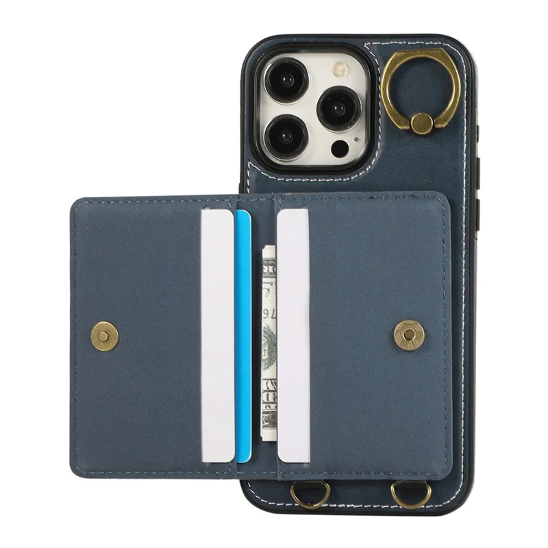 For iPhone 14 Pro PU Leather Back Case Card Holder Kickstand Phone Cover with Wrist Strap - Blue