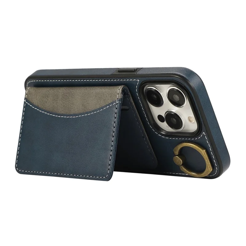 For iPhone 14 Pro PU Leather Back Case Card Holder Kickstand Phone Cover with Wrist Strap - Blue