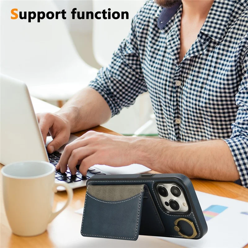 For iPhone 14 Pro PU Leather Back Case Card Holder Kickstand Phone Cover with Wrist Strap - Blue