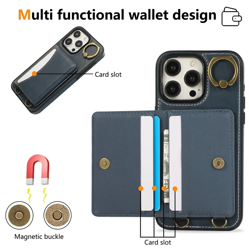 For iPhone 14 Pro PU Leather Back Case Card Holder Kickstand Phone Cover with Wrist Strap - Blue