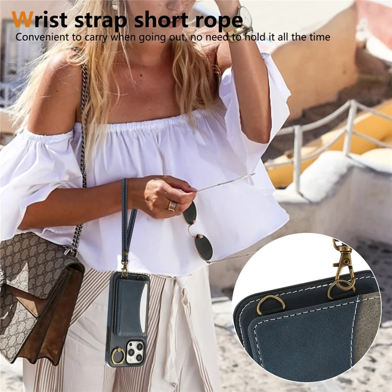 For iPhone 14 Pro PU Leather Back Case Card Holder Kickstand Phone Cover with Wrist Strap - Blue