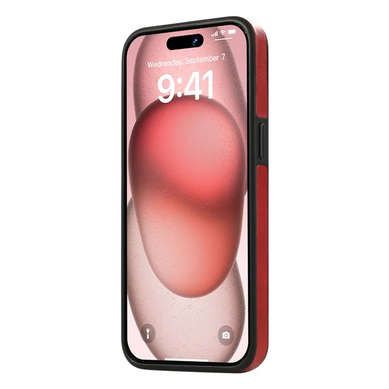 For iPhone 14 Pro PU Leather Back Case Card Holder Kickstand Phone Cover with Wrist Strap - Red
