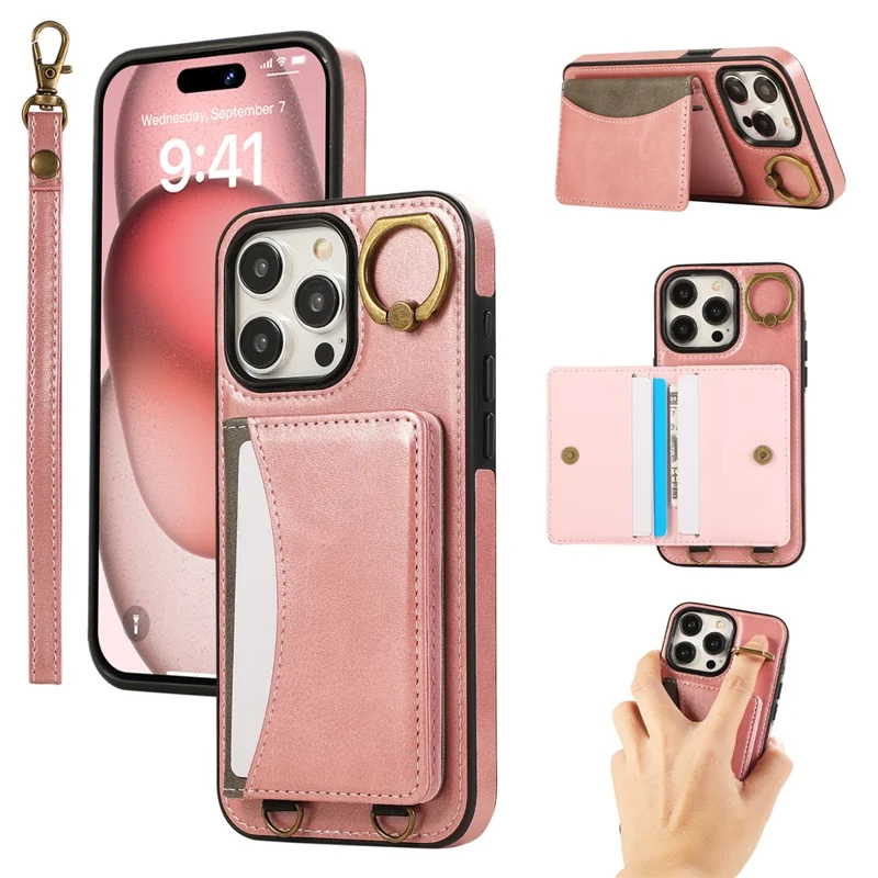 For iPhone 15 Pro Max PU Leather Back Case Card Holder Kickstand Phone Cover with Wrist Strap - Pink