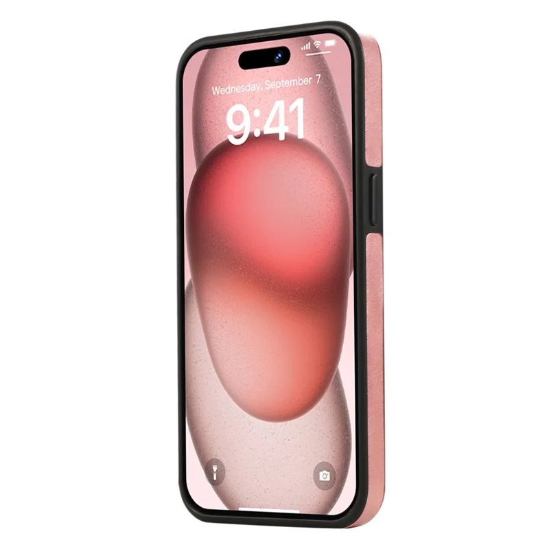 For iPhone 15 Pro Max PU Leather Back Case Card Holder Kickstand Phone Cover with Wrist Strap - Pink