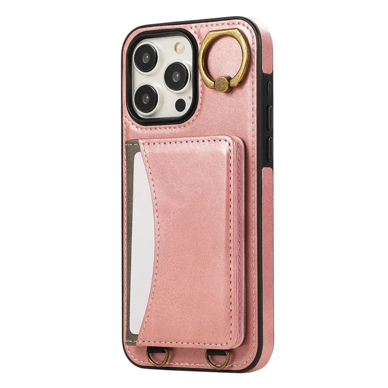 For iPhone 15 Pro Max PU Leather Back Case Card Holder Kickstand Phone Cover with Wrist Strap - Pink