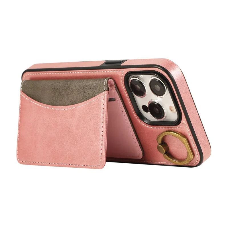 For iPhone 15 Pro Max PU Leather Back Case Card Holder Kickstand Phone Cover with Wrist Strap - Pink