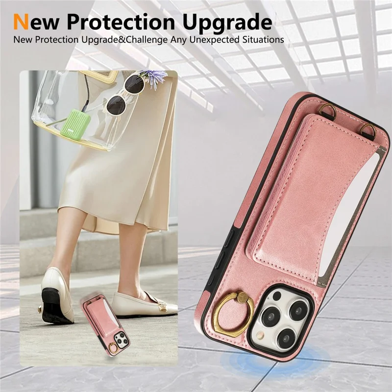 For iPhone 15 Pro Max PU Leather Back Case Card Holder Kickstand Phone Cover with Wrist Strap - Pink