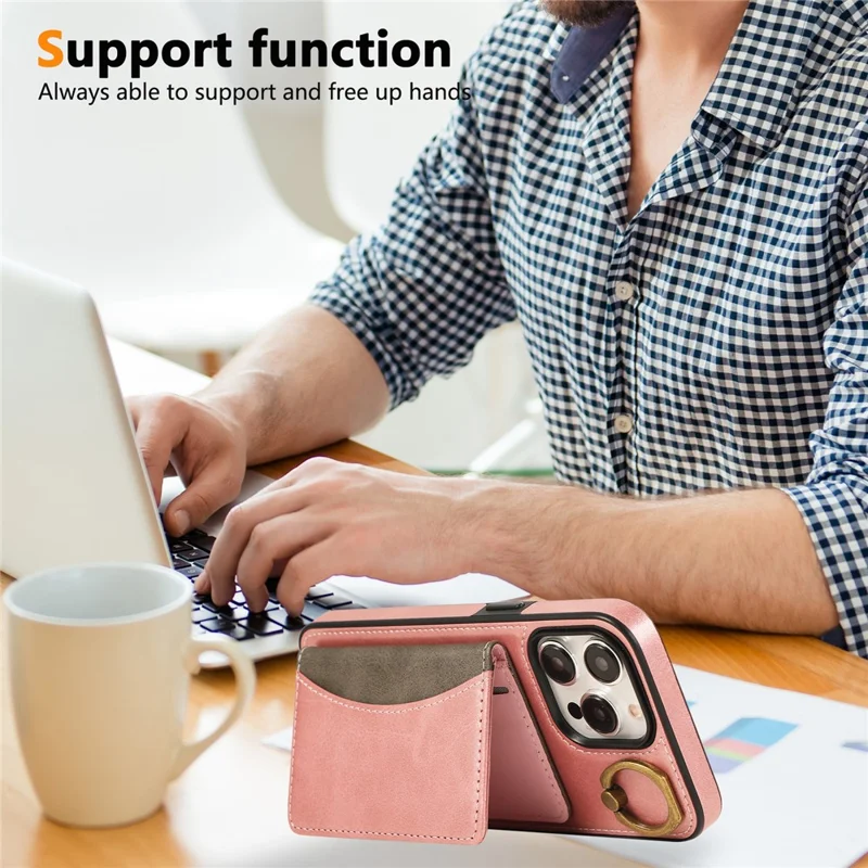 For iPhone 15 Pro Max PU Leather Back Case Card Holder Kickstand Phone Cover with Wrist Strap - Pink