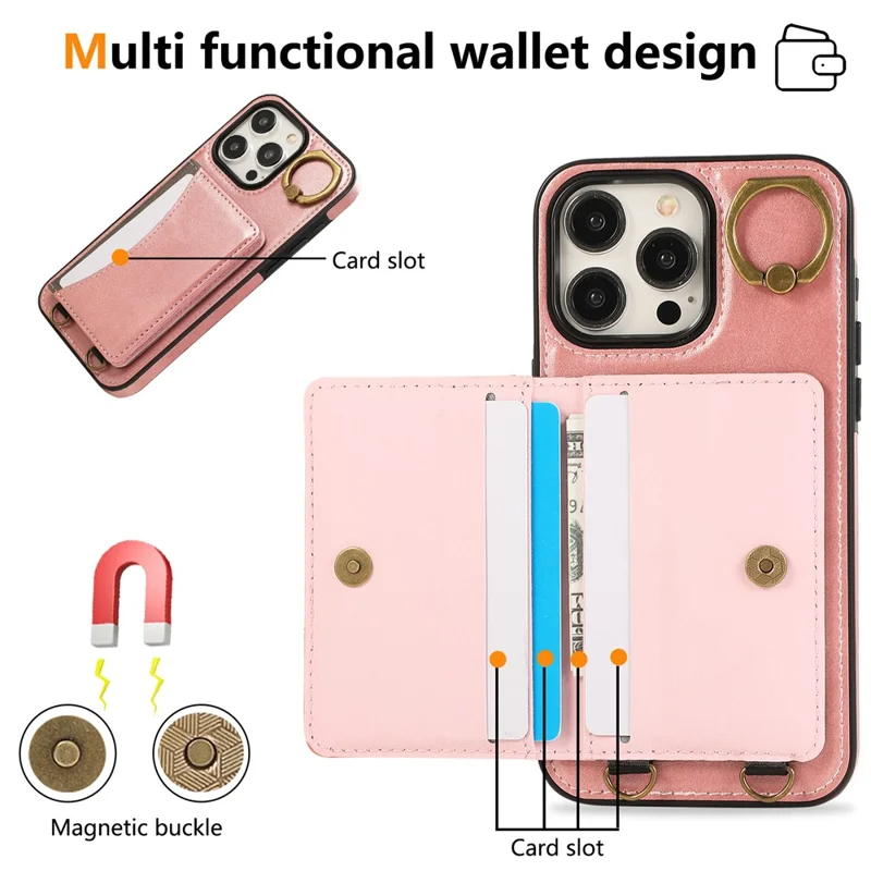 For iPhone 15 Pro Max PU Leather Back Case Card Holder Kickstand Phone Cover with Wrist Strap - Pink