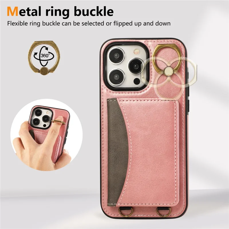 For iPhone 15 Pro Max PU Leather Back Case Card Holder Kickstand Phone Cover with Wrist Strap - Pink