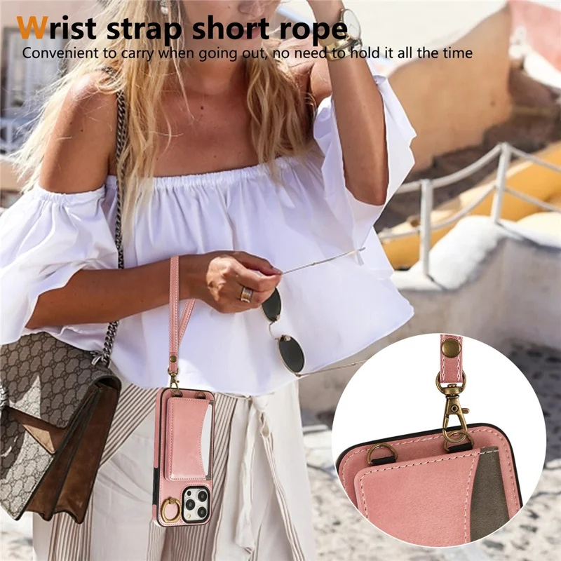 For iPhone 15 Pro Max PU Leather Back Case Card Holder Kickstand Phone Cover with Wrist Strap - Pink