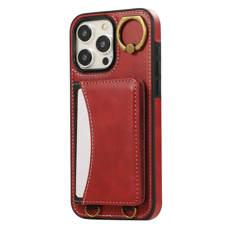 For iPhone 15 Pro Max PU Leather Back Case Card Holder Kickstand Phone Cover with Wrist Strap - Red