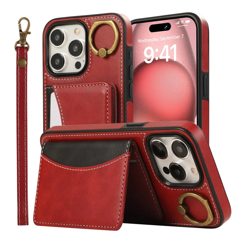 For iPhone 15 Pro Max PU Leather Back Case Card Holder Kickstand Phone Cover with Wrist Strap - Red