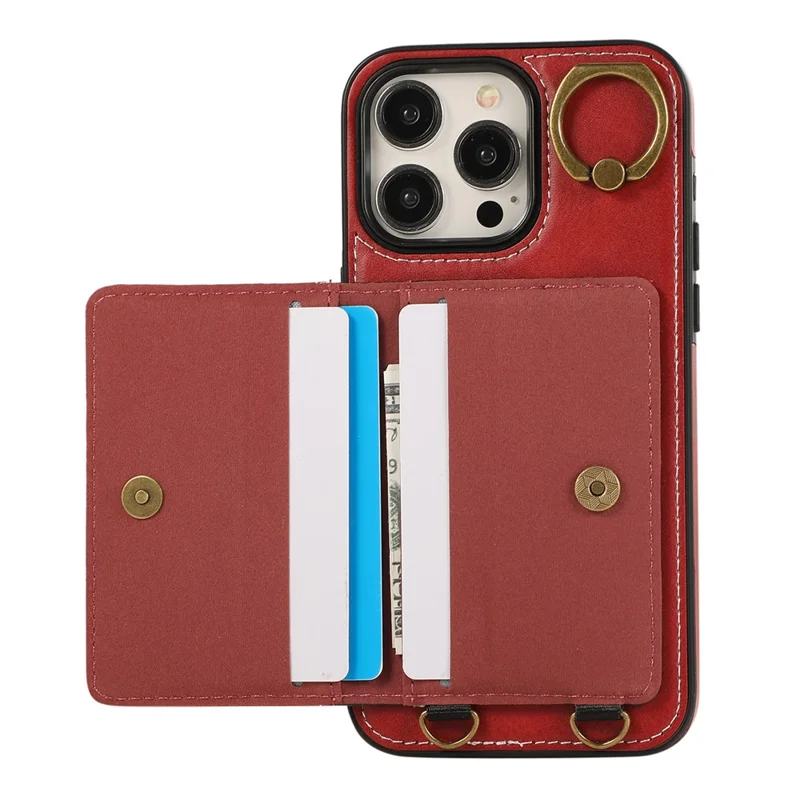 For iPhone 15 Pro Max PU Leather Back Case Card Holder Kickstand Phone Cover with Wrist Strap - Red