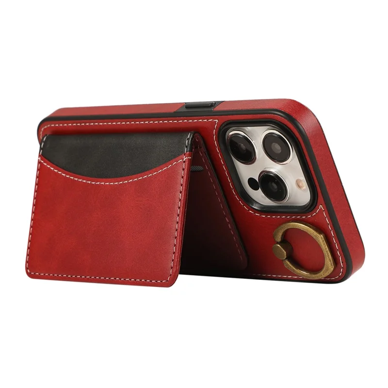 For iPhone 15 Pro Max PU Leather Back Case Card Holder Kickstand Phone Cover with Wrist Strap - Red