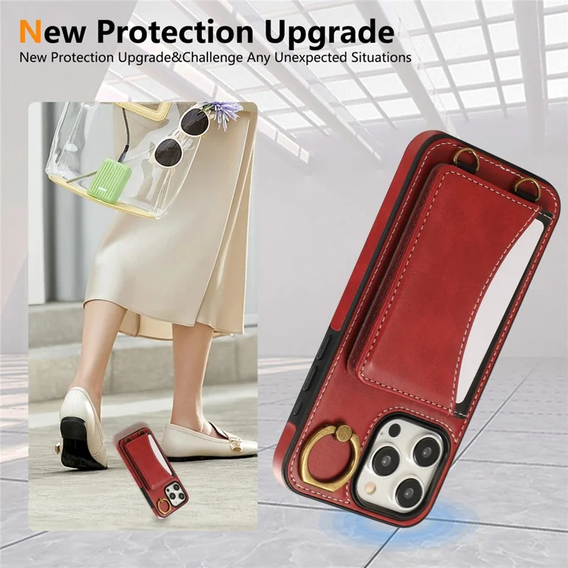 For iPhone 15 Pro Max PU Leather Back Case Card Holder Kickstand Phone Cover with Wrist Strap - Red