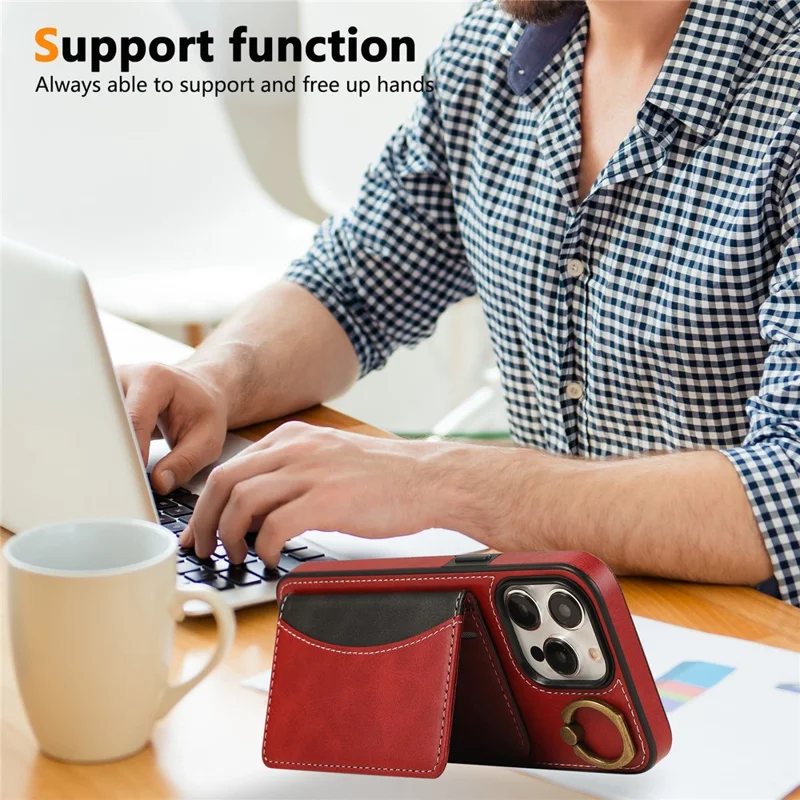 For iPhone 15 Pro Max PU Leather Back Case Card Holder Kickstand Phone Cover with Wrist Strap - Red
