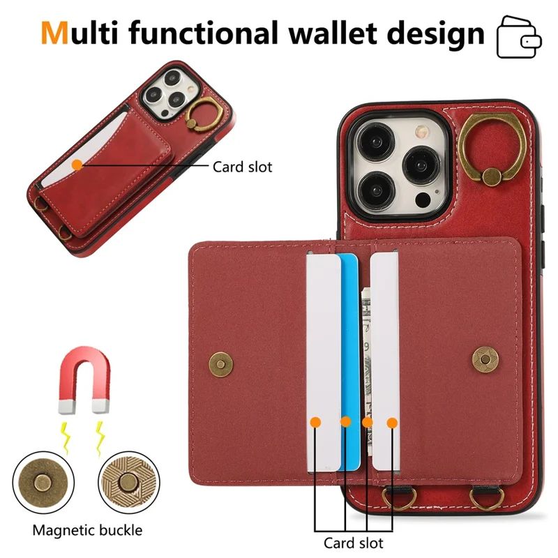 For iPhone 15 Pro Max PU Leather Back Case Card Holder Kickstand Phone Cover with Wrist Strap - Red