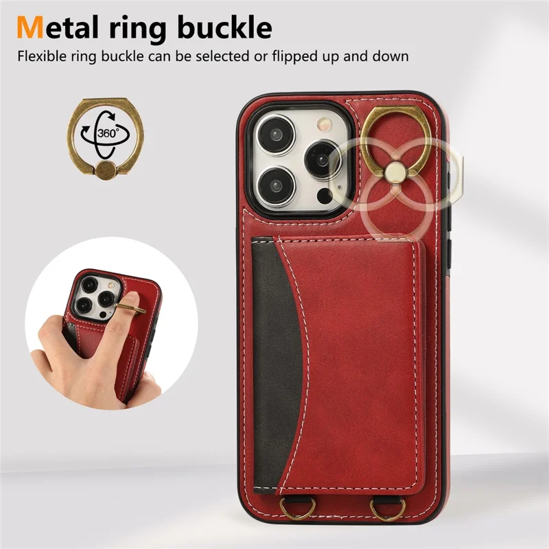 For iPhone 15 Pro Max PU Leather Back Case Card Holder Kickstand Phone Cover with Wrist Strap - Red