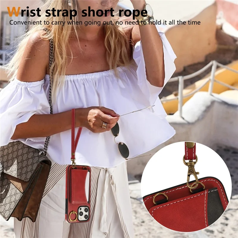 For iPhone 15 Pro Max PU Leather Back Case Card Holder Kickstand Phone Cover with Wrist Strap - Red