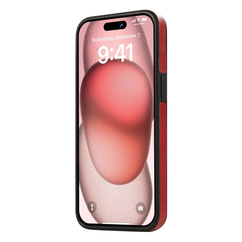For iPhone 15 Pro Max PU Leather Back Case Card Holder Kickstand Phone Cover with Wrist Strap - Red