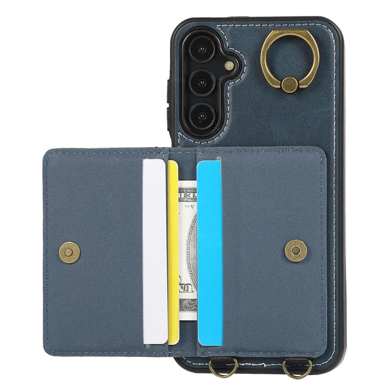 For Samsung Galaxy A05s 4G PU Leather Back Case Card Holder Kickstand Phone Cover with Wrist Strap - Blue