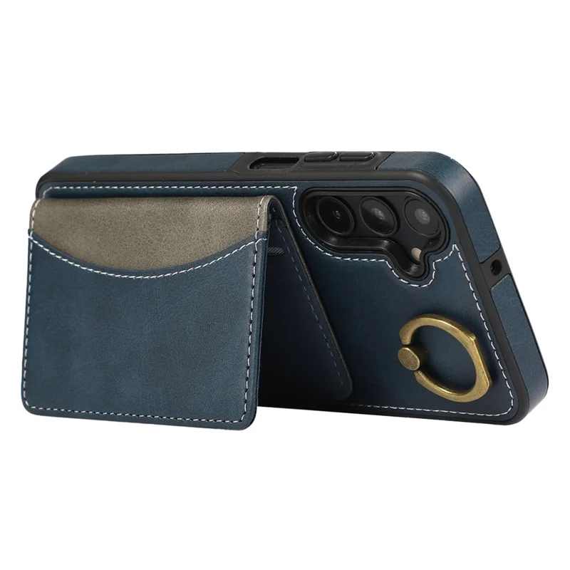 For Samsung Galaxy A05s 4G PU Leather Back Case Card Holder Kickstand Phone Cover with Wrist Strap - Blue