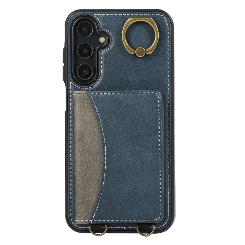 For Samsung Galaxy A05s 4G PU Leather Back Case Card Holder Kickstand Phone Cover with Wrist Strap - Blue