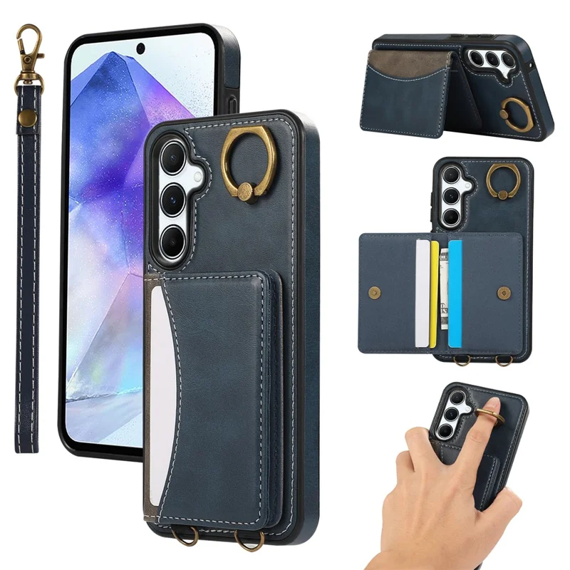 For Samsung Galaxy A35 5G PU Leather Back Case Card Holder Kickstand Phone Cover with Wrist Strap - Blue