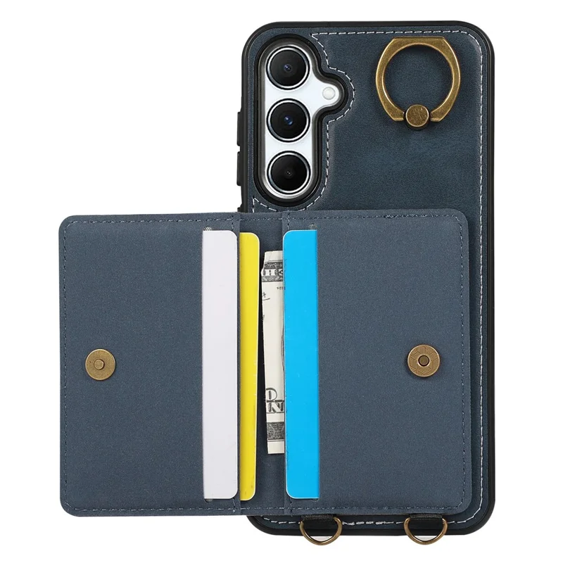 For Samsung Galaxy A35 5G PU Leather Back Case Card Holder Kickstand Phone Cover with Wrist Strap - Blue