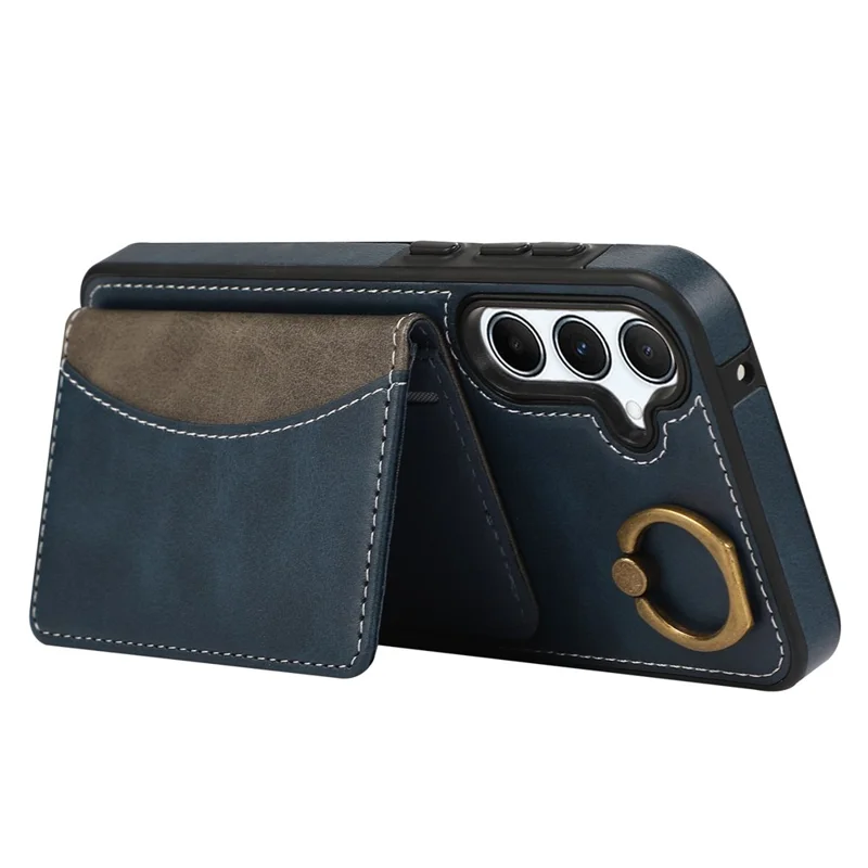 For Samsung Galaxy A35 5G PU Leather Back Case Card Holder Kickstand Phone Cover with Wrist Strap - Blue