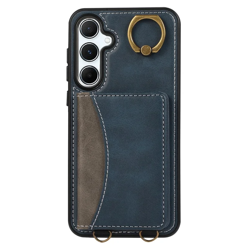 For Samsung Galaxy A35 5G PU Leather Back Case Card Holder Kickstand Phone Cover with Wrist Strap - Blue