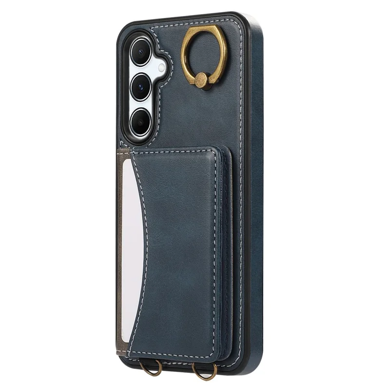 For Samsung Galaxy A35 5G PU Leather Back Case Card Holder Kickstand Phone Cover with Wrist Strap - Blue