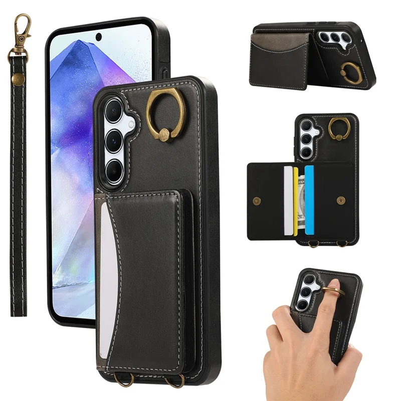 For Samsung Galaxy A55 5G PU Leather Back Case Card Holder Kickstand Phone Cover with Wrist Strap - Black