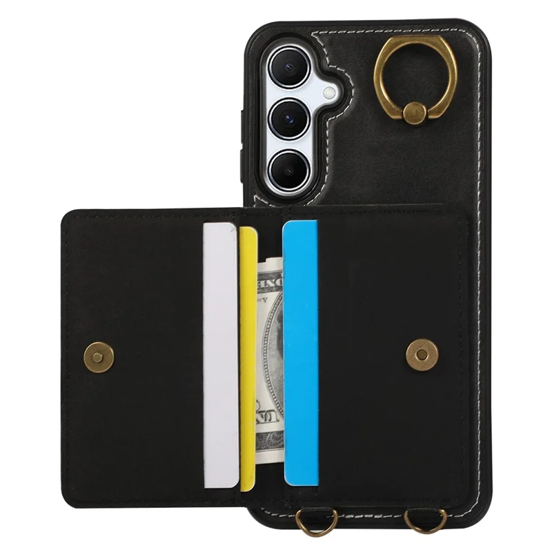 For Samsung Galaxy A55 5G PU Leather Back Case Card Holder Kickstand Phone Cover with Wrist Strap - Black