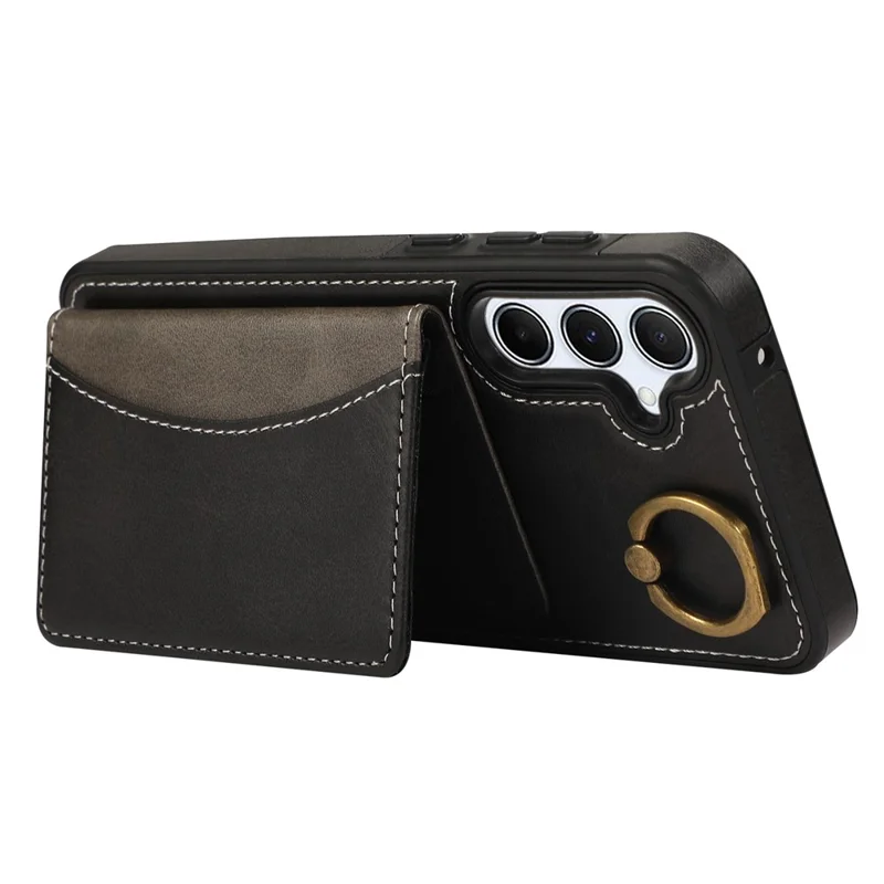 For Samsung Galaxy A55 5G PU Leather Back Case Card Holder Kickstand Phone Cover with Wrist Strap - Black