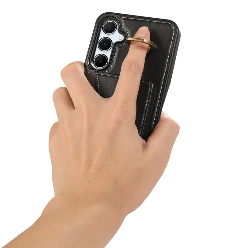 For Samsung Galaxy A55 5G PU Leather Back Case Card Holder Kickstand Phone Cover with Wrist Strap - Black