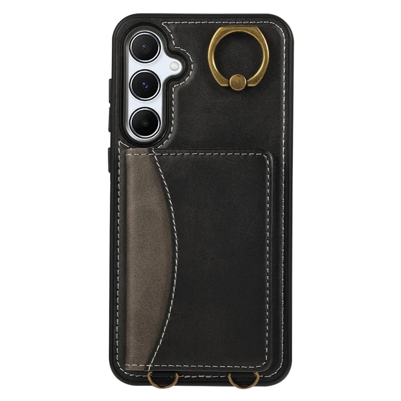 For Samsung Galaxy A55 5G PU Leather Back Case Card Holder Kickstand Phone Cover with Wrist Strap - Black