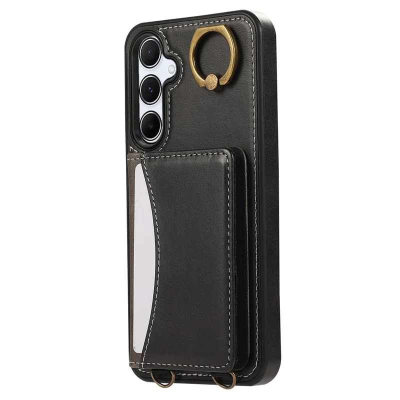 For Samsung Galaxy A55 5G PU Leather Back Case Card Holder Kickstand Phone Cover with Wrist Strap - Black