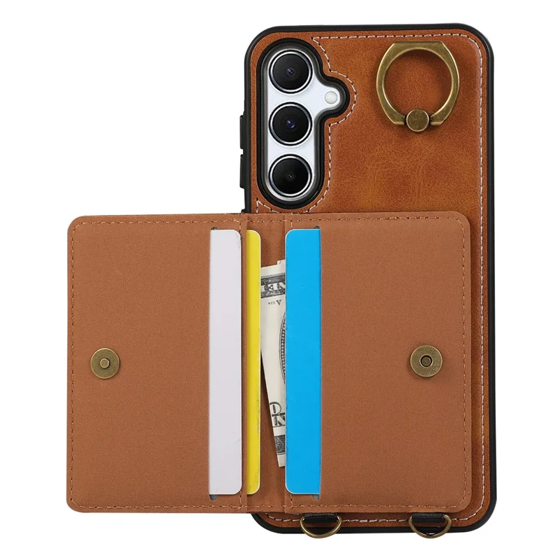 Pour Samsung Galaxy A54 5G, étui en cuir PU avec support, porte-cartes et dragonne - Marron