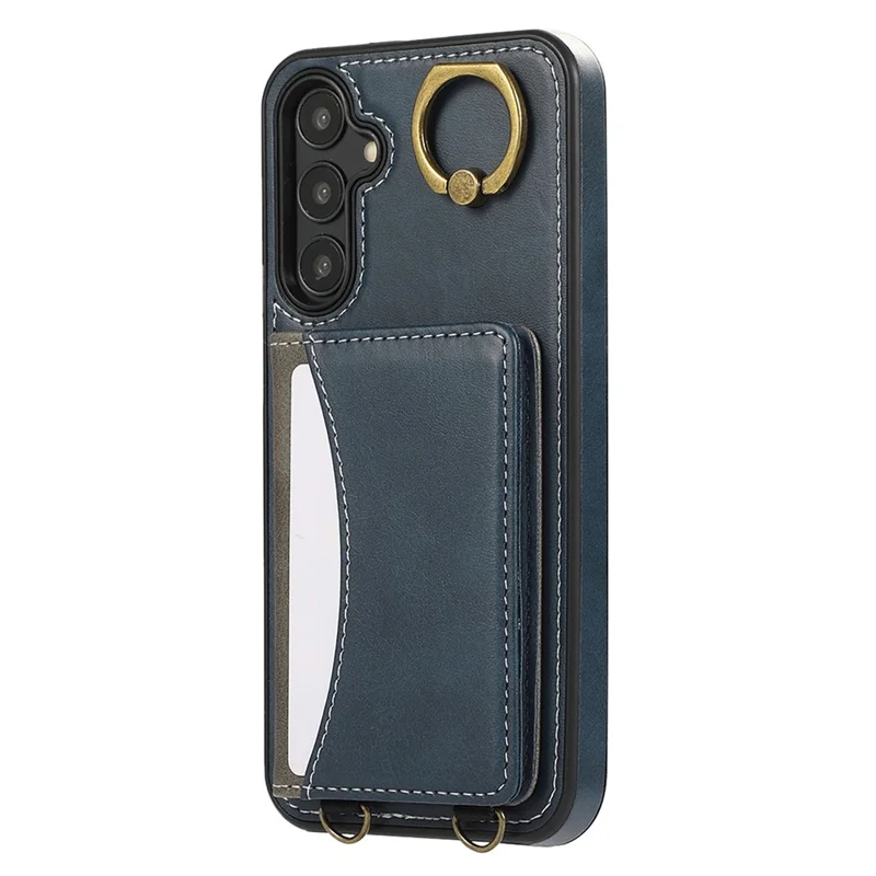 For Samsung Galaxy A25 5G (Global) (161.0 x 76.5 x 8.3mm) PU Leather Back Case Card Holder Kickstand Phone Cover with Wrist Strap - Blue