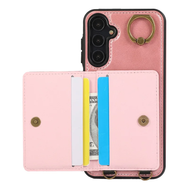 Pour Samsung Galaxy A14 5G / A14 4G Coque arrière en cuir PU avec support à rabat et dragonne - Rose