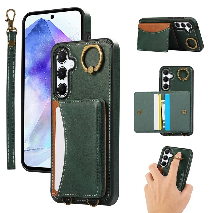 For Samsung Galaxy A34 5G PU Leather Back Case Card Holder Kickstand Phone Cover with Wrist Strap - Green