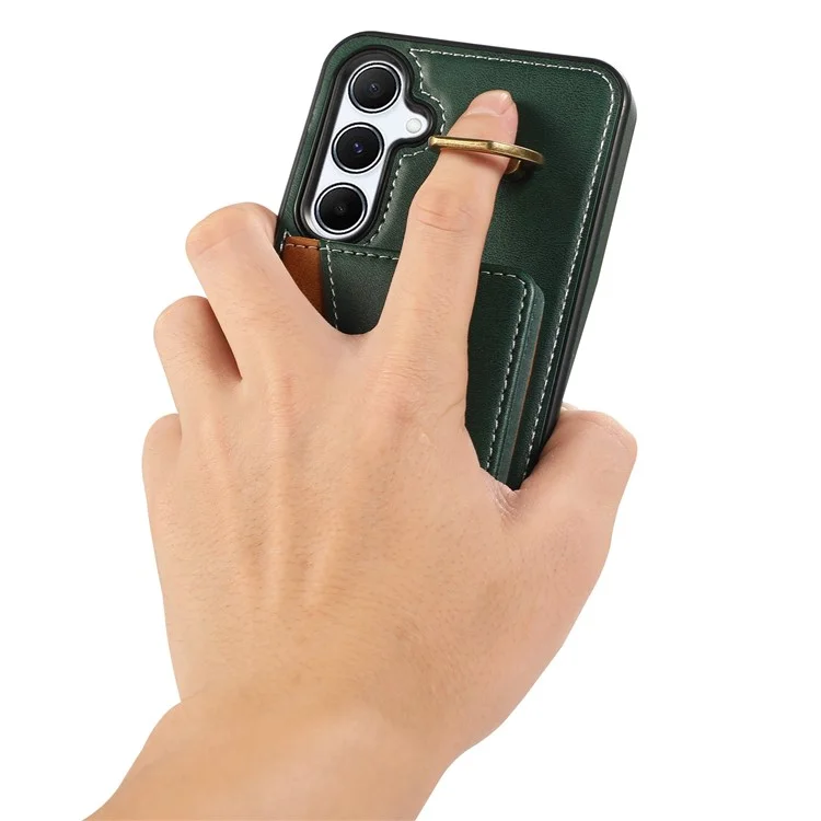 For Samsung Galaxy A34 5G PU Leather Back Case Card Holder Kickstand Phone Cover with Wrist Strap - Green