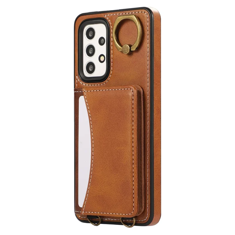 For Samsung Galaxy A53 5G PU Leather Back Case Card Holder Kickstand Phone Cover with Wrist Strap  - Brown