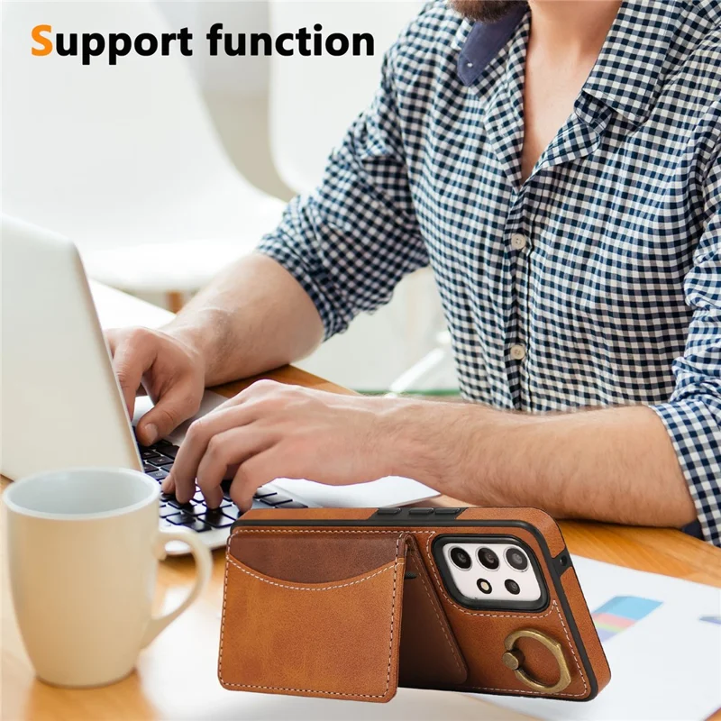 For Samsung Galaxy A53 5G PU Leather Back Case Card Holder Kickstand Phone Cover with Wrist Strap  - Brown