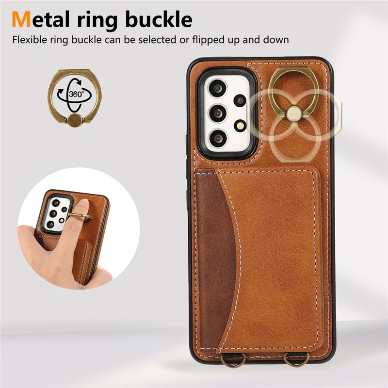 For Samsung Galaxy A53 5G PU Leather Back Case Card Holder Kickstand Phone Cover with Wrist Strap  - Brown