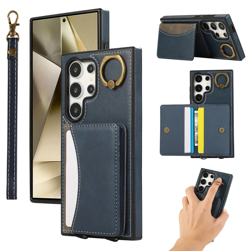 For Samsung Galaxy S24 Ultra PU Leather Back Case Card Holder Kickstand Phone Cover with Wrist Strap - Blue