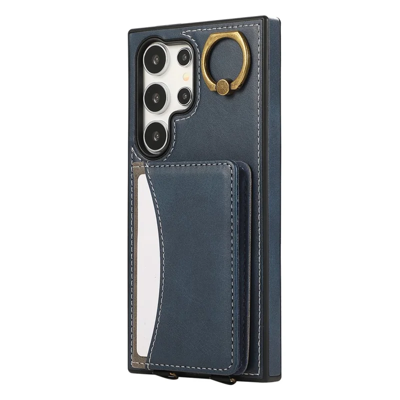 For Samsung Galaxy S24 Ultra PU Leather Back Case Card Holder Kickstand Phone Cover with Wrist Strap - Blue