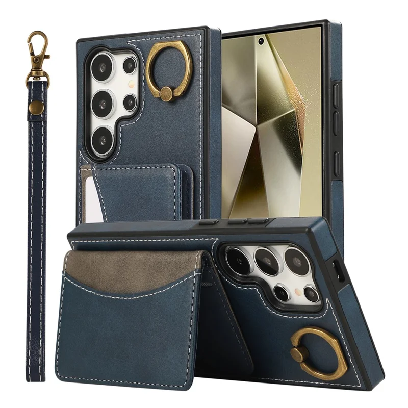 For Samsung Galaxy S24 Ultra PU Leather Back Case Card Holder Kickstand Phone Cover with Wrist Strap - Blue